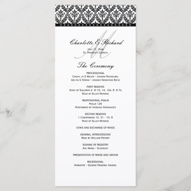 Black & White Damask Monogram Wedding Program Programme (Front)