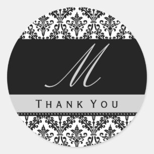 Black & White Damask Monogram Wedding THANK YOU St Classic Round Sticker