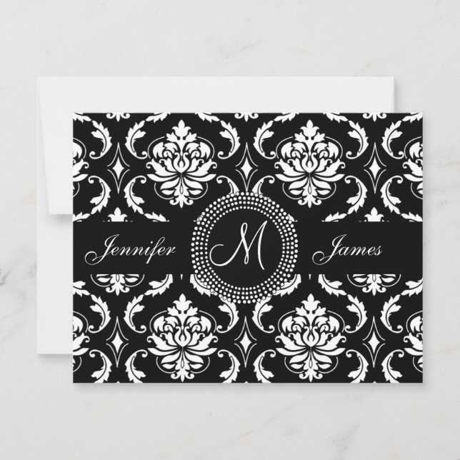 Black White Damask Monogram Yellow Save the Date (Front)