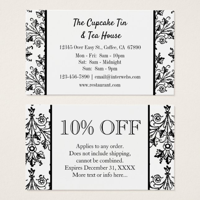 Black White Damask Pattern Custom Discount Cards (Front & Back)