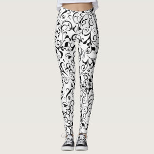 Black white damask pattern leggings