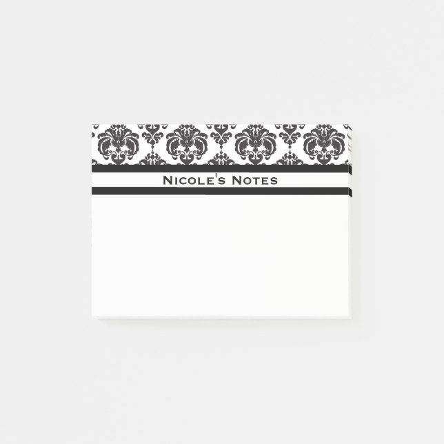 Black & White Damask Pattern Modern Personalised Post-it Notes (Front)