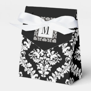 Black, white damask pattern monogram wedding favour box