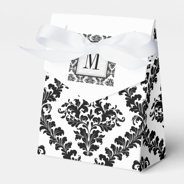 Black, white damask pattern monogram wedding favour box (Front Side)