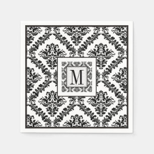 Black, white damask pattern monogram wedding napkin