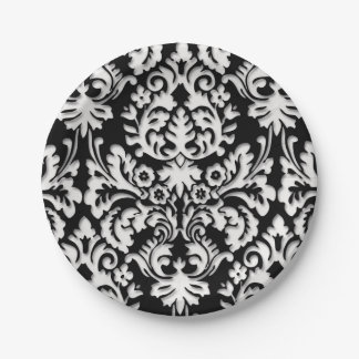 Black & White Damask Pattern Paper Plate
