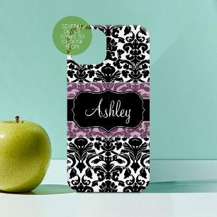 Black White Damask Pattern with pink script name iPhone 16 Case