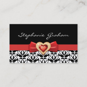 Black white damask pattern with red bow and jewel business card