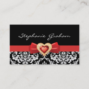 Black white damask pattern with red bow and jewel business card