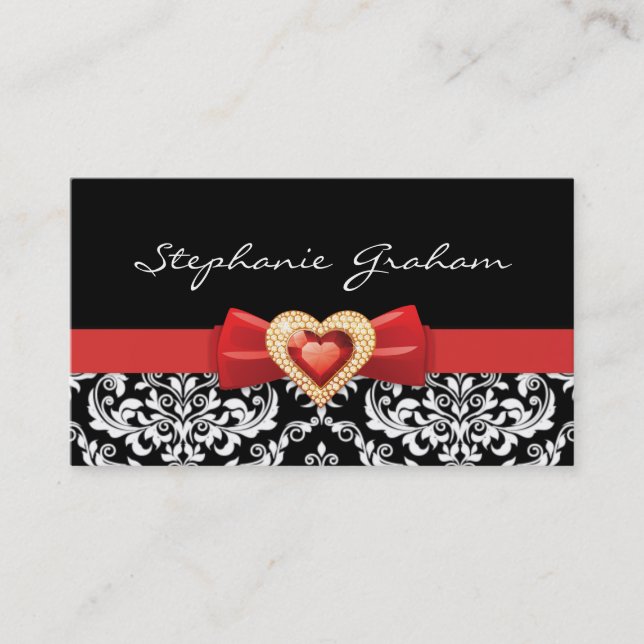 Black white damask pattern with red bow and jewel business card (Front)