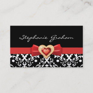 Black white damask pattern with red bow and jewel business card