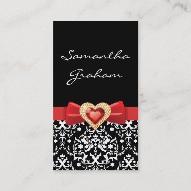 Black white damask pattern with red bow and jewel business card (Front)