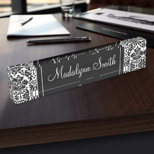 Black & White Damask Pattern with Script Name Nameplate