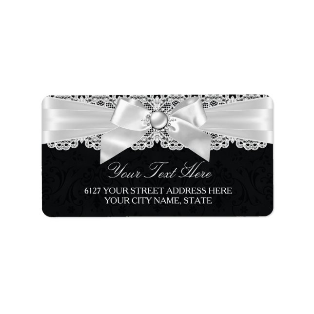 Black & White Damask & Pearl Bow Address Label (Front)