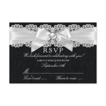 Black & White Damask & Pearl Bow RSVP