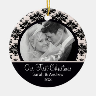 Black White Damask Photo First Christmas Ornament