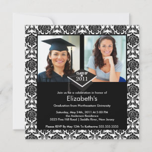 Black & White Damask Photo Graduation Invitation