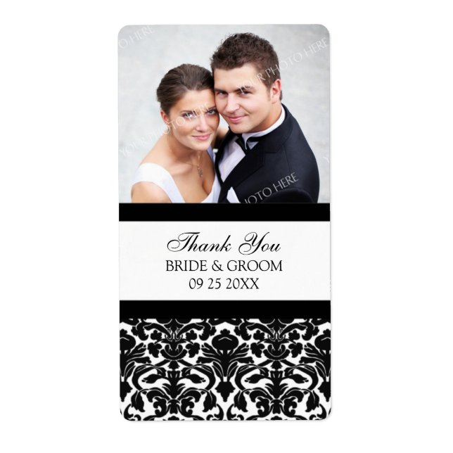 Black White Damask Photo Wedding Labels (Front)