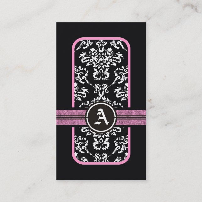 Black white damask pink band monogram business card (Front)