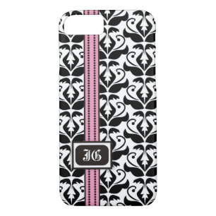 Black white damask, pink band with monogram iPhone 8/7 case