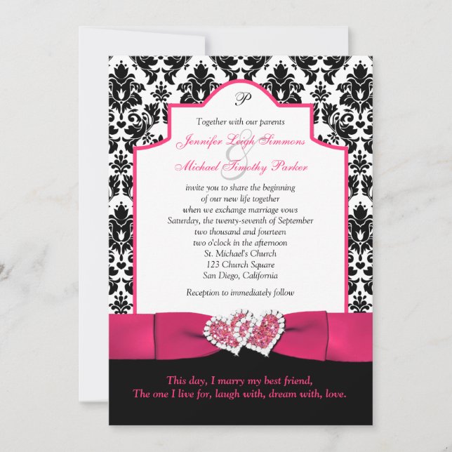 Black White Damask, Pink Glitter Hearts Invite 2 (Front)