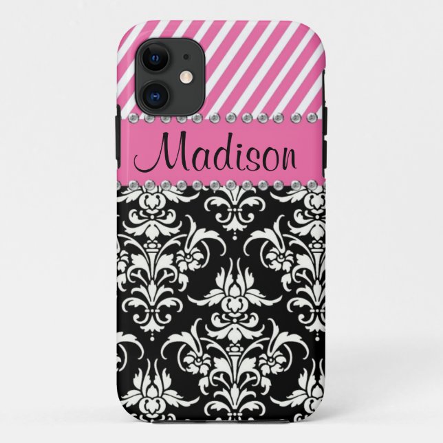 Black & White Damask / Pink Stipes Rhinestone Case (Back)