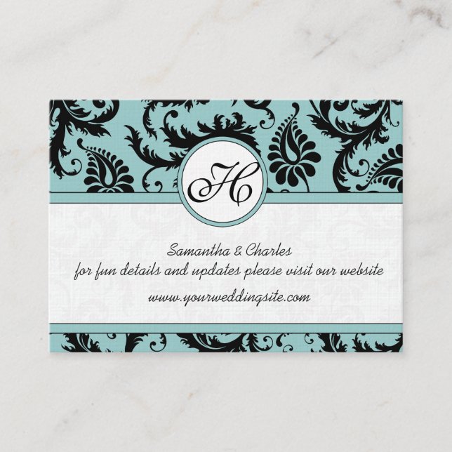 Black White Damask Pool Blue Trim Wedding Website Enclosure Card (Front)