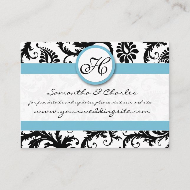 Black White Damask Pool Blue Trim Wedding Website Enclosure Card (Front)