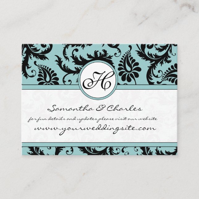 Black White Damask Pool Blue Trim Wedding Website Enclosure Card (Front)