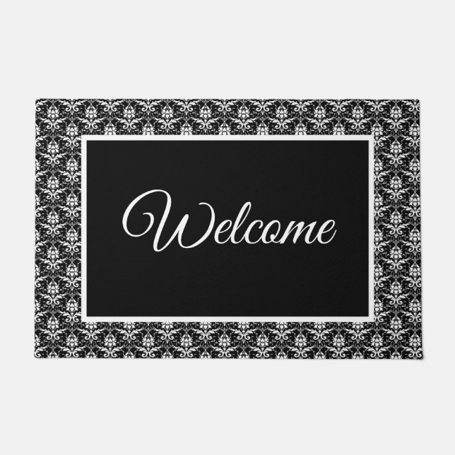 Black & White Damask Print Door Mat (Front)