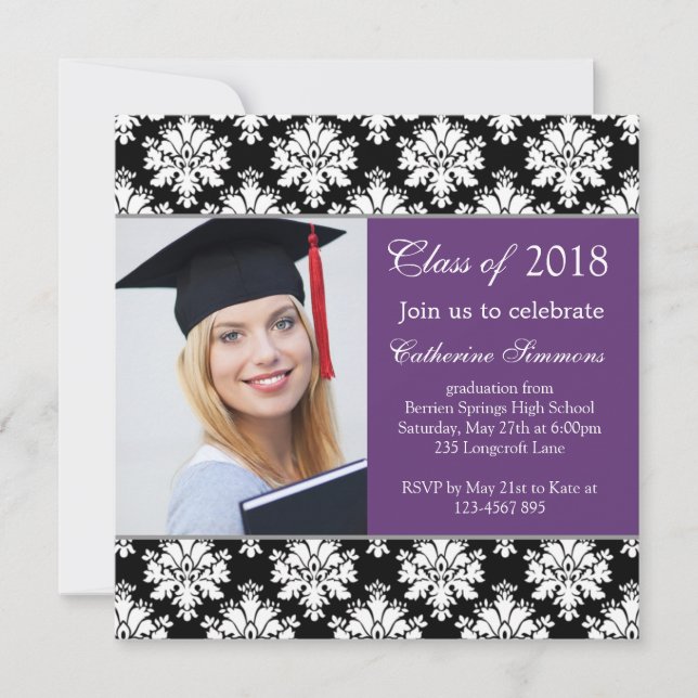 Black white damask, purple Graduation Party Invitation (Front)
