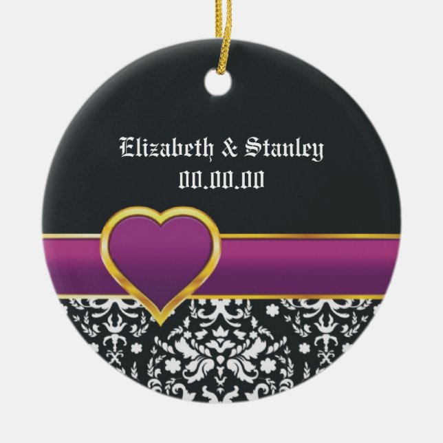 Black white damask purple heart Save the Date Ceramic Tree Decoration (Front)