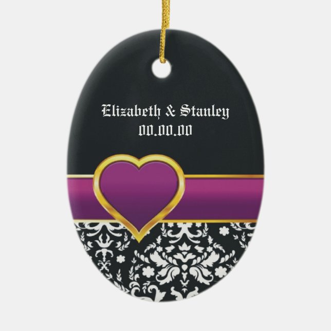 Black white damask purple heart Save the Date Ceramic Tree Decoration (Front)