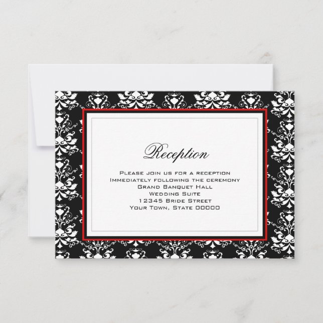 Black & White Damask Red Accent Reception Card (Front)