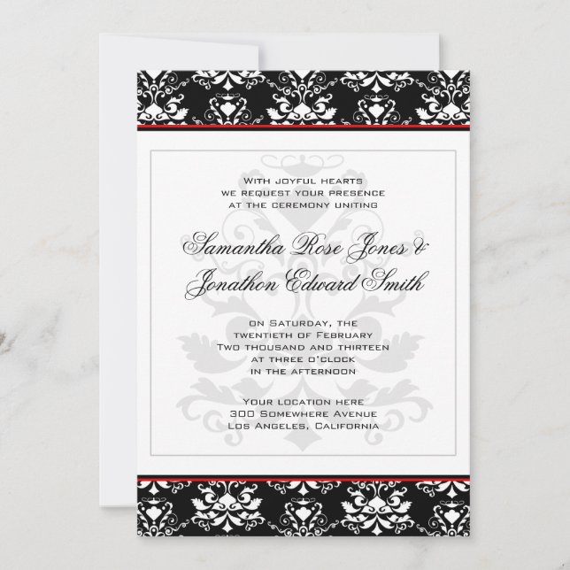Black & White Damask Red Accent Wedding Invitation (Front)