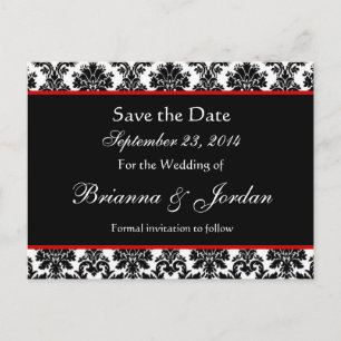 Black White Damask Red Accents Save The Date Announcement Postcard
