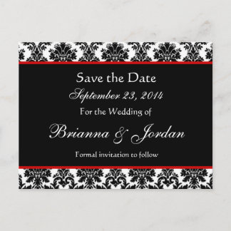 Black White Damask Red Accents Save The Date Announcement Postcard