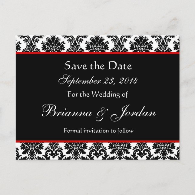 Black White Damask Red Accents Save The Date Announcement Postcard (Front)
