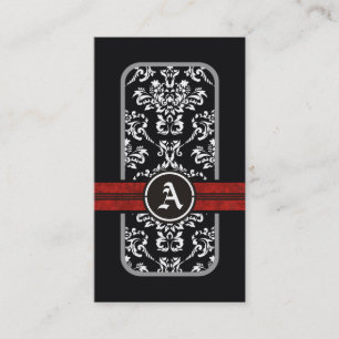 Black white damask red band monogram business card