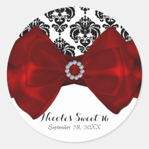 Black & White Damask Red Bow Glam Sweet 16 Party Classic Round Sticker