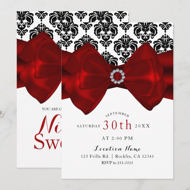 Black & White Damask Red Bow Glam Sweet 16 Party Invitation (Front/Back)