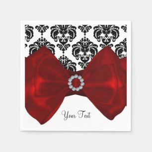 Black & White Damask Red Bow Glam Sweet 16 Party Napkin