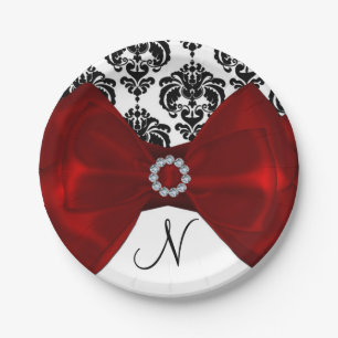 Black & White Damask Red Bow Glam Sweet 16 Party Paper Plate
