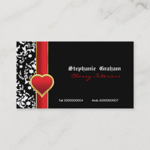 Black white damask red heart business card