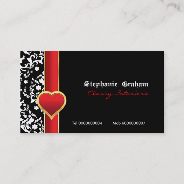 Black white damask red heart business card (Front)