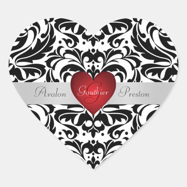 Black & White Damask Red Heart Wedding Sticker (Front)