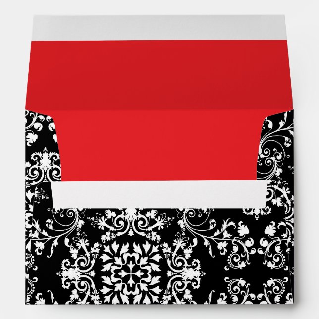 Black & White Damask Red Lining Wedding Envelope (Back (Bottom))