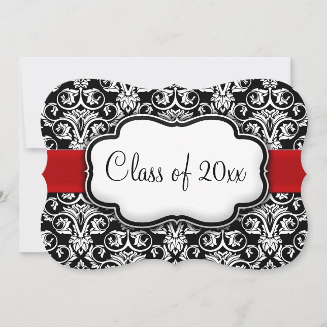 Black/White Damask Red Ribbon Graduation Invitation (Front)