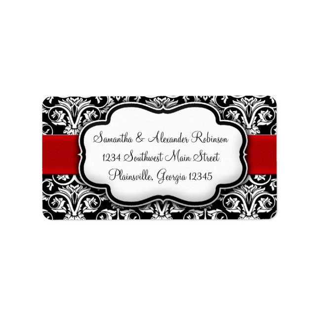 Black/White Damask Red Ribbon Label (Front)