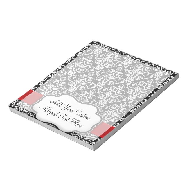 Black/White Damask Red Ribbon Notepad (Rotated)